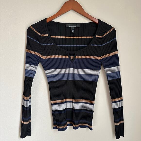 WHBM Ribbed Keyhole Stripe Sweater Long Sleeve Pullover Preppy Office Chic - Picture 1 of 13